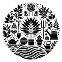 Monochromatic Garden Harmony A circular composition of plants, tools, and the sun, illustrating growth and nurture in a stylized form. vector