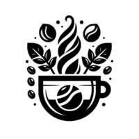 Artistic Black and White Coffee Cup Illustration, Featuring Coffee Beans, Steam, and Leaves in Minimalist Style. vector