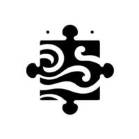 Black and white stylized puzzle piece with flowing, wavelike , abstract and minimalist in aesthetic, and two small dots. vector
