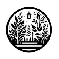 A stylized circular monochrome illustration of a garden with diverse plants, a lantern, and a decorative flat aesthetic. vector