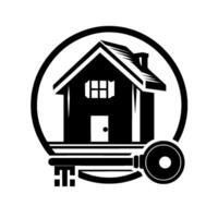 Stylized Black and White House Within a Circle with a Key Suggesting Homeownership and Real Estate Concepts. vector
