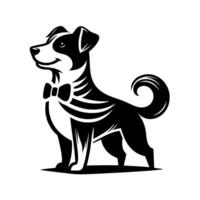 Elegant Black and White Cartoon Dog Wearing Bowtie, Smiling, Standing Proudly on a Subtle Ground Line, Minimalist . vector