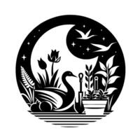 Serene Garden Scene A Black and White Circle Composition Featuring a Swan, Moon, Birds, and Floral Elements. vector