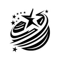 Abstract black and white depicting a starburst effect with orbiting stars and a stylized planetlike shape. vector