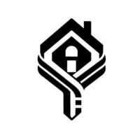 Abstract Key House Emblem A stylized black and white combining a house silhouette and a key , representing home security and real estate. vector