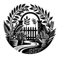 A symmetrical black and white garden vignette within a circle, featuring arched gate, potted plants, and winding pathway. vector
