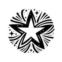 Bold Black and White Geometric Star with a Ring of Bursting Elements and Smaller Stars. vector
