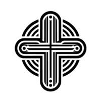 Intricate Geometric Black and White Cross within a Circle of Concentric Arcs, Minimalist Pattern, Modern . vector