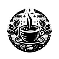 Artistic Black White Coffee Cup in a Circular Frame with Leafy Elements, Steam Coffee Beans. vector