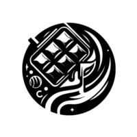 illustration of a waffle iron with a cooked waffle, surrounded by stylized swirling lines, stars, and planets, in a monochrome circular . vector