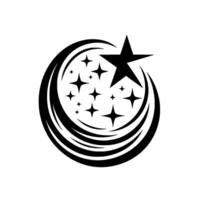 Black and white stylized starburst , a circular arc with multiple stars of varying sizes inside, a large star at the top. vector