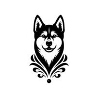Black and White Husky Portrait with Ornate Flourish stylized illustration of a smiling dog with symmetrical on a clean white background. vector