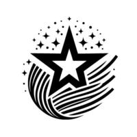 Stylized black and white featuring a fivepointed star within a starshaped outline, surrounded by small stars and a curved line . vector