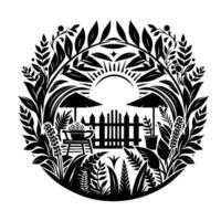 Black and white garden scene in circular frame, featuring sun, parasols, fence, plants, and small table with flowers. vector