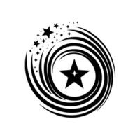 Black and White Starburst Concentric Swirls with a Central Star, Surrounded by Smaller Stars and Embellishments on White. vector
