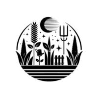 Stylized, circular black and white farm scene with wheat, crops, watering can, pitchfork, fence, crescent moon, and stars, illustrating a serene night in the fields. vector