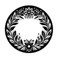 Elegant black and white circular floral wreath with leaves and flowers, creating a decorative border, isolated on white. vector