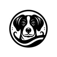 Playful black and white dog portrait within a circular frame, embodying happiness and loyalty, perfect for designs and branding. vector