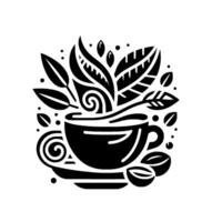 Artistic black and white stylized illustration of a coffee cup with leaves and beans, creating a minimalist , perfect for branding. vector