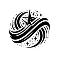 Stylized black and white celestial emblem featuring a central star, swirling lines, and smaller stars, on a white background. vector
