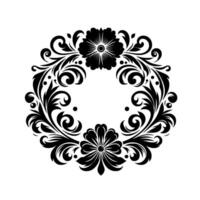 Symmetrical Black Floral Wreath with Two Large Flowers and Intricate Swirls on White Background vector