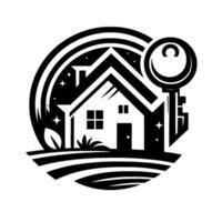 Monochrome real estate emblem featuring house silhouette enclosed in a circle with a key, stars, and foliage elements symbolizing home ownership and security. vector