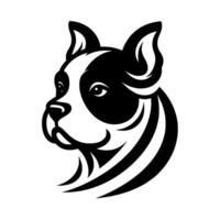 , symmetrical headshot of a dog breed, showcasing a distinct black and white color scheme with stylized, curved lines, a sleek and modern aesthetic. vector