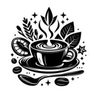 Elegant Monochrome Coffee Still Life Steaming Cup, Botanical Accents, and Starburst Elements in a Minimalist . vector