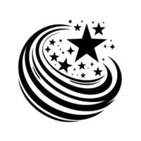 Black and white of swirling lines and various sized stars, suggesting motion, achievement, or celestial themes. vector