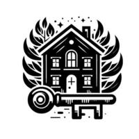 A stylized black and white illustration of a house with a key and leafy embellishments, symbolizing home ownership, security, and natures embrace. vector