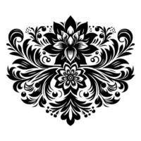 Intricate floral pattern in black and white, symmetrical with swirling leaves, and central blossoms. vector