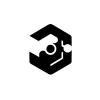 A futuristic minimalist of a stylized robotic face within a hexagon, in black and white, casting a subtle shadow. vector