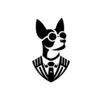 Stylish black and white illustration of a sophisticated Chihuahua wearing round glasses and a suit, exuding charm. vector