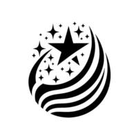 Black and white stylized illustration of a starburst effect with a central fivepointed star surrounded by smaller stars and curved, striped lines in a circular arrangement. vector