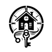 Black and white of a house silhouette within a clock face and key, symbolizing home, time, and ownership. vector