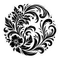 Symmetrical circular black and white floral pattern, featuring stylized flowers, leaves, and ornate swirling details, creating a visually balanced and decorative composition. vector