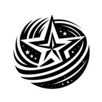 Striking Black and White Starburst Central Star within an Orbital Swirl with Subtle Starry Accents and a Modern, Sleek Aesthetic. vector