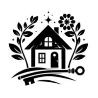 Symbolic Monochromatic Emblem of a Home Featuring a Key, Foliage, and a Flower within a Starry Frame, Representing Key to Homeownership. vector