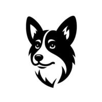 Minimalist Corgi Portrait Black and White Illustration of a Smiling Corgi with Unique Facial Markings on White Background. vector
