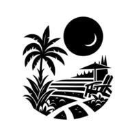 Black and White Beach Scene Palm Tree, Moon, Lounge Chairs, and Umbrella Against a White Background, Peaceful, Abstract vector