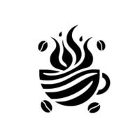 Stylized black and white coffee cup with steam and floating beans, on white background, minimalist . vector