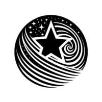 A minimalist celestial emblem features a central star, encircled by cosmic swirls and celestial dust, showcasing a stark black and white . vector