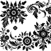 Detailed black and white floral pattern featuring intricate botanical elements, leaves, and blooms on a bright background. vector