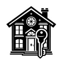 A bold, minimalist black and white illustration of a house with a key, embodying concepts of home, security, and real estate. vector