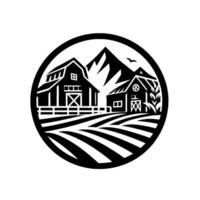 A circular, minimalist blackandwhite illustration of a rural scene, featuring barns, mountains, fields, and a bird, evoking the charm of farm life. vector