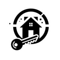 Monochromatic Real Estate Featuring a Silhouette House, Key, and Segmented Circle Element, Indicating Property Access. vector