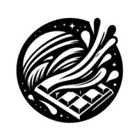 Stylized monochrome illustration chocolate bar with a splash of liquid, and stars in a circular frame, creating a dynamic . vector