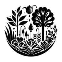 A stylized, monochrome illustration of a vibrant garden scene, featuring a teapot watering various flora arranged in a circular composition. vector