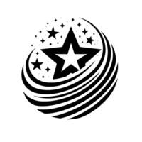 Black and white star featuring a central outlined star within a larger star shape, surrounded by smaller stars and curving stripes. vector