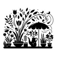Stylized Black and White Floral Garden Scene with Teapot, Umbrella, and Bird Silhouettes, Arranged on a Shelf. vector